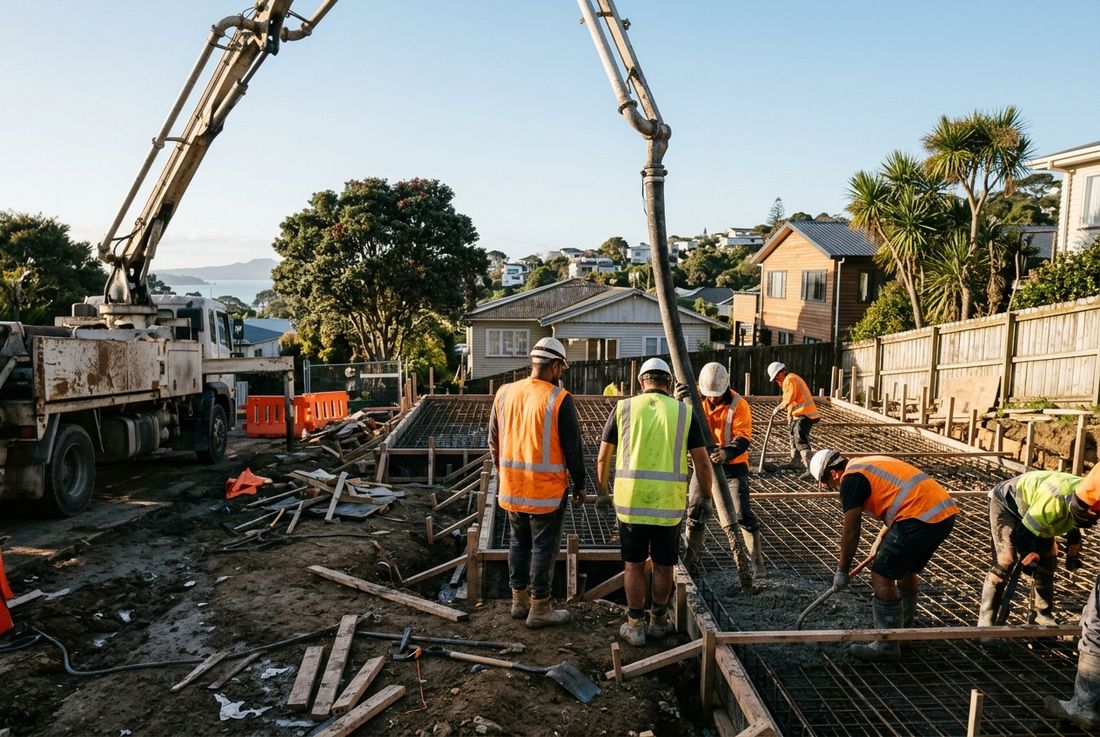 Concrete pump boom placing concrete into reinforced formwork on an Auckland building site