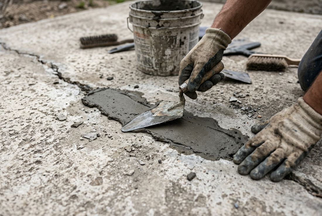 Worker patching a cracked concrete slab with a trowel