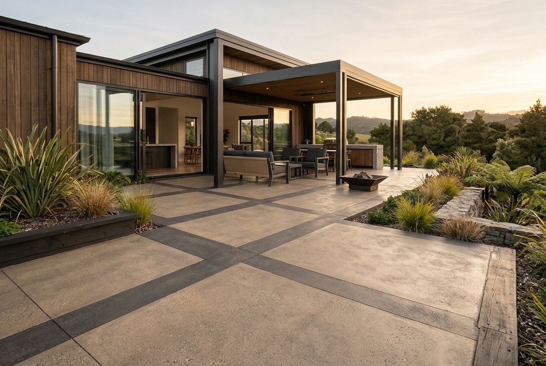 Decorative patterned concrete paving at a modern Auckland home