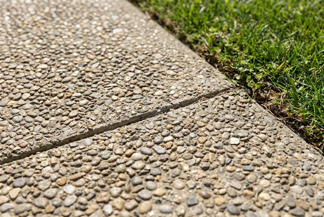 Close-up of an exposed aggregate concrete driveway with a saw-cut joint