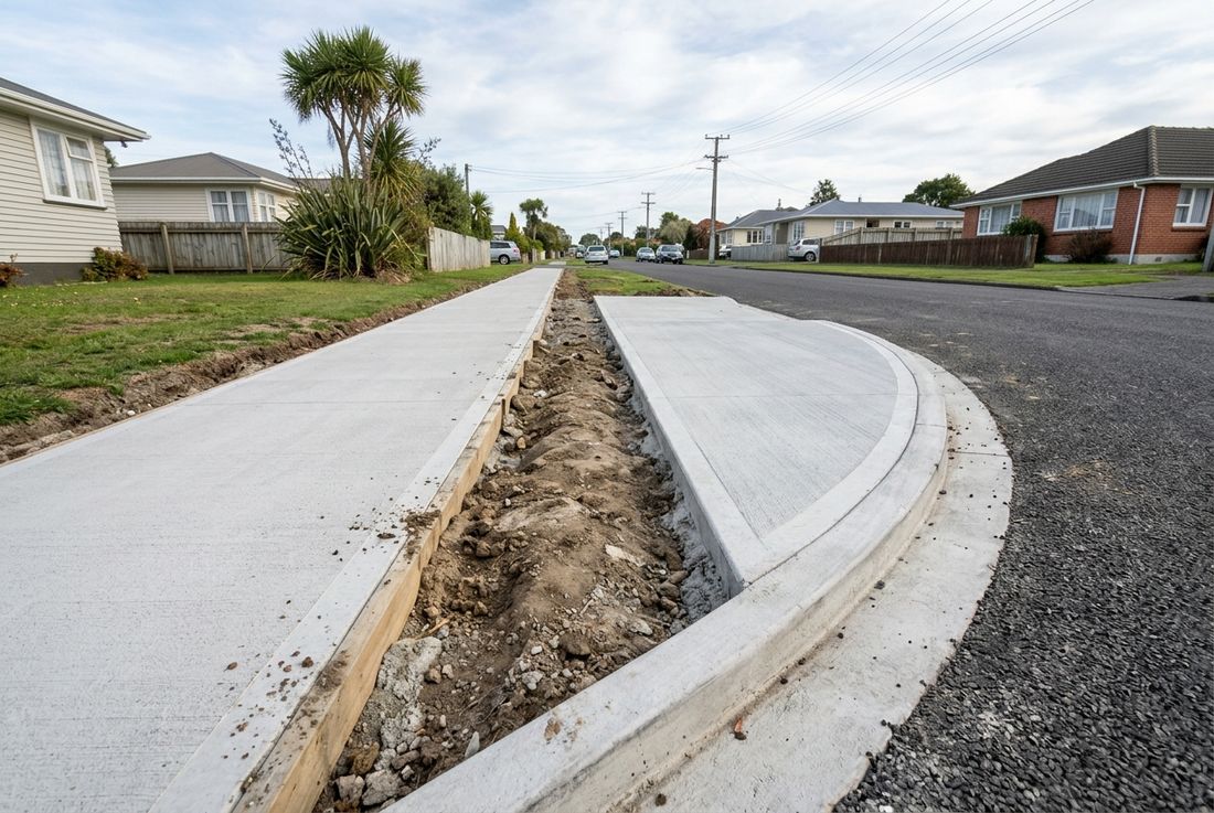 New concrete footpath, kerb and crossover next to a suburban Auckland road