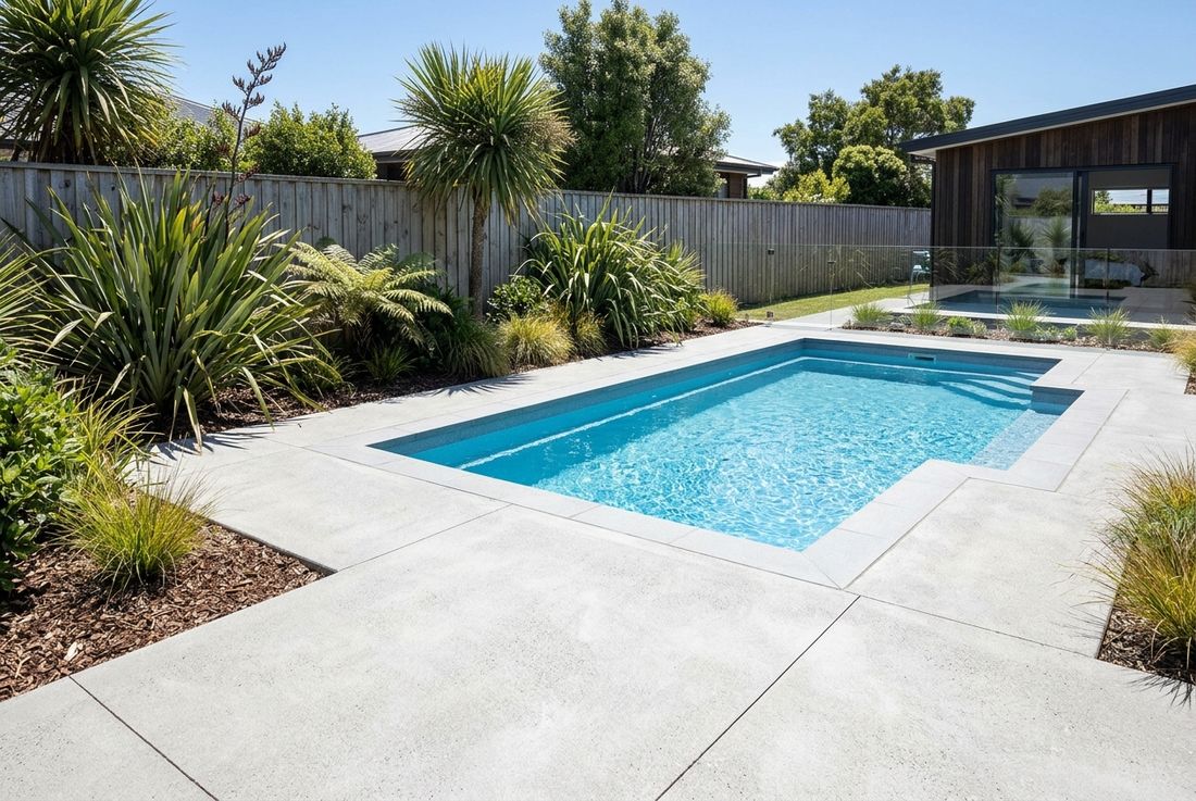 Light grey concrete pool surround in a landscaped Auckland backyard