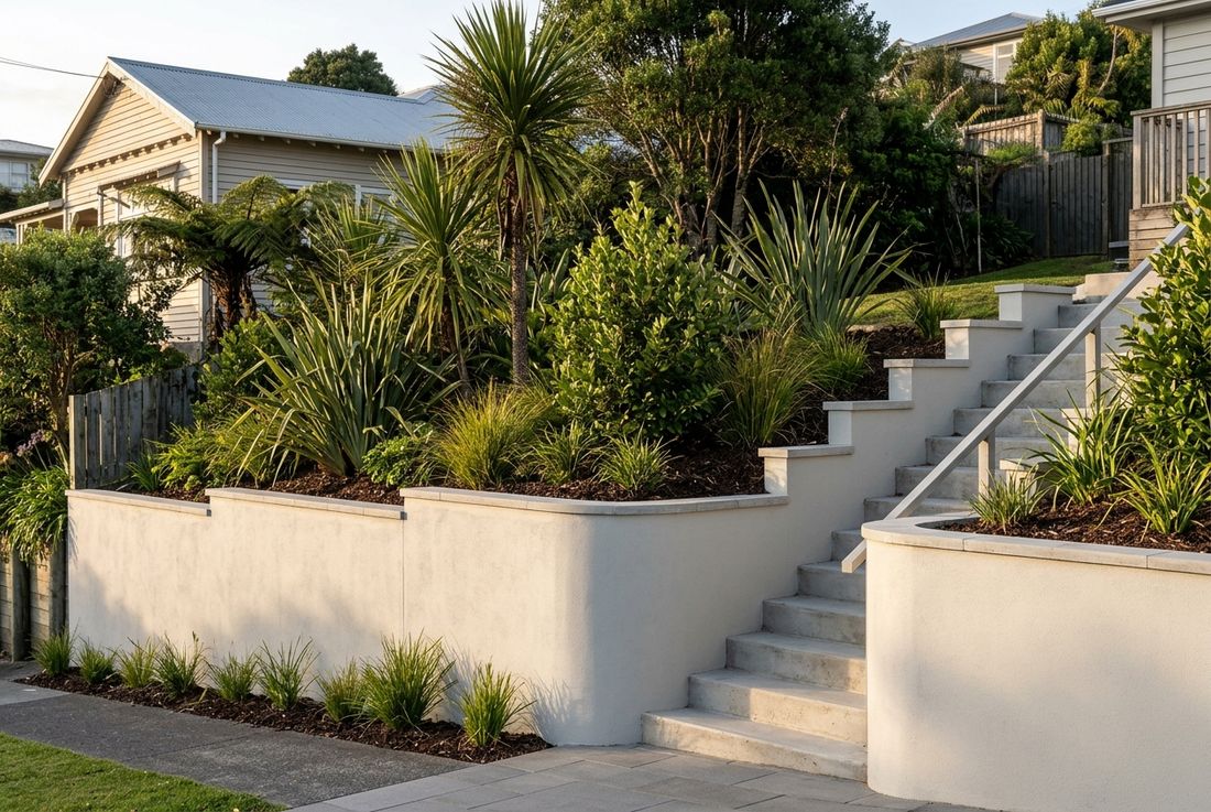 Rendered concrete retaining wall with steps in a landscaped Auckland garden