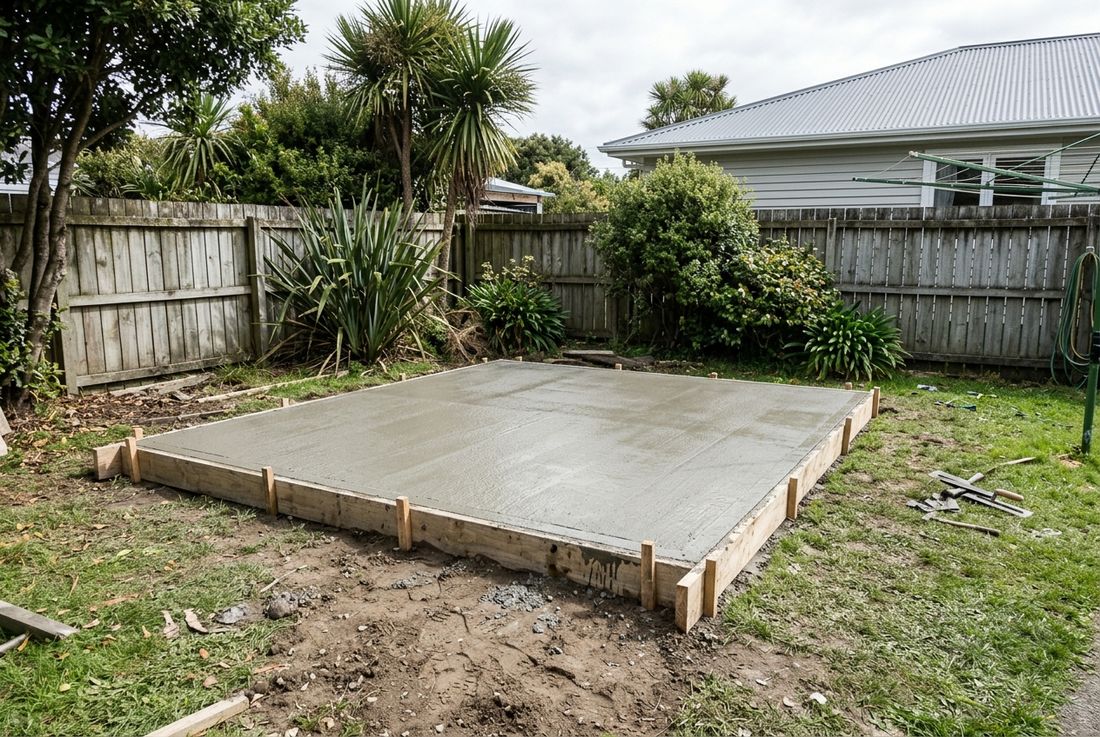 Freshly finished concrete slab for a backyard shed with timber formwork